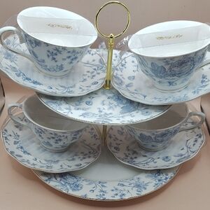 Monterey Bay Fine Porcelain Coffee/Teacup and Saucer And Tier Tray Set - NEW